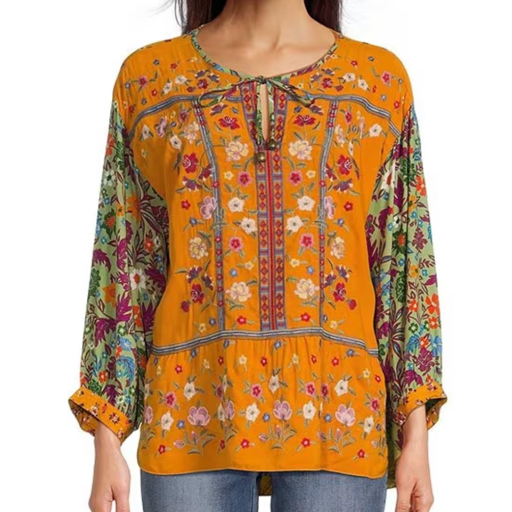 John Mark BOHO Woven Floral Embroidered Split Neck Tie Front 3/4 Sleeve Top M